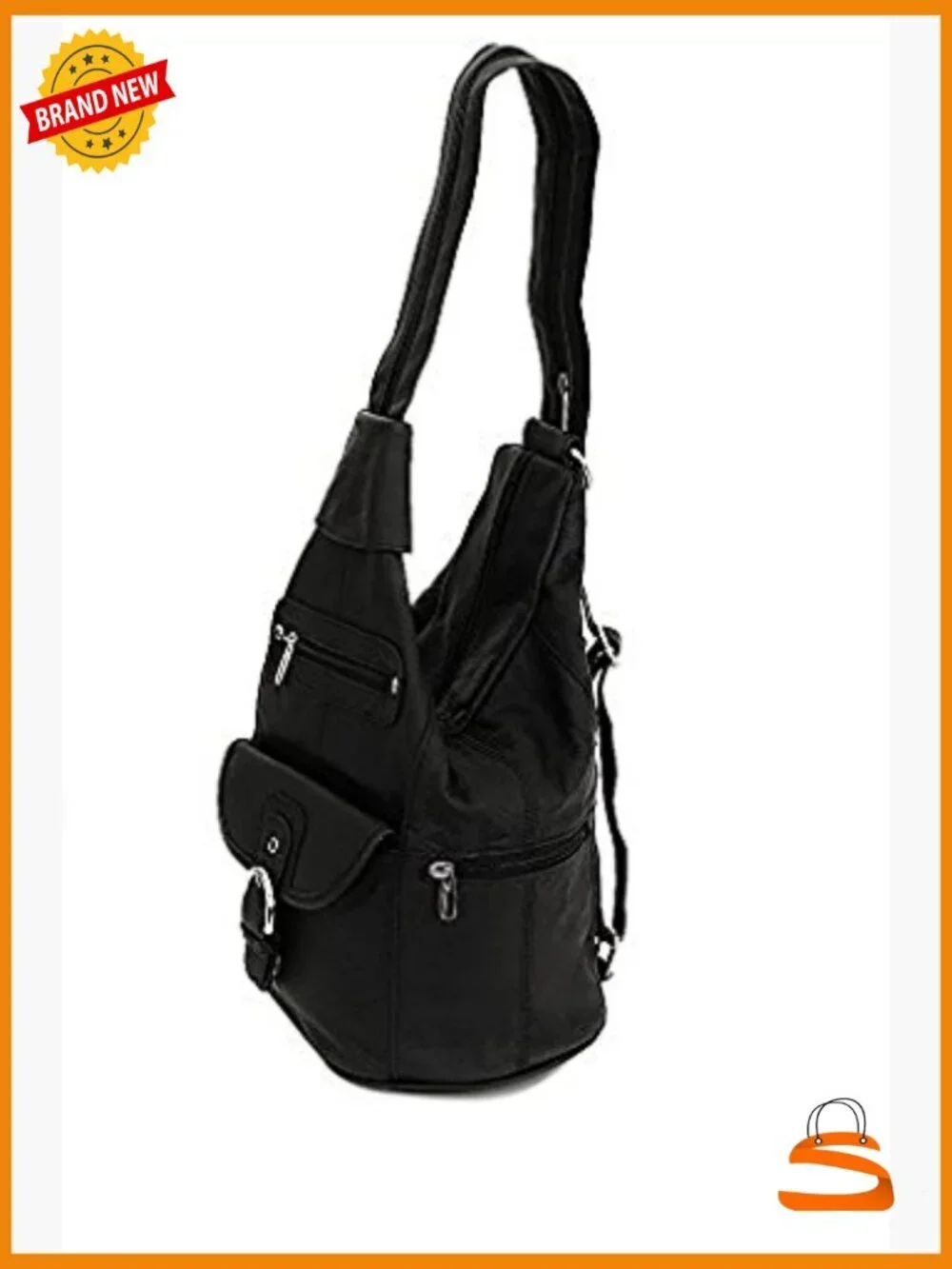 Leather Convertible 7 Pocket Medium Backpack Purse Shoulder Bag